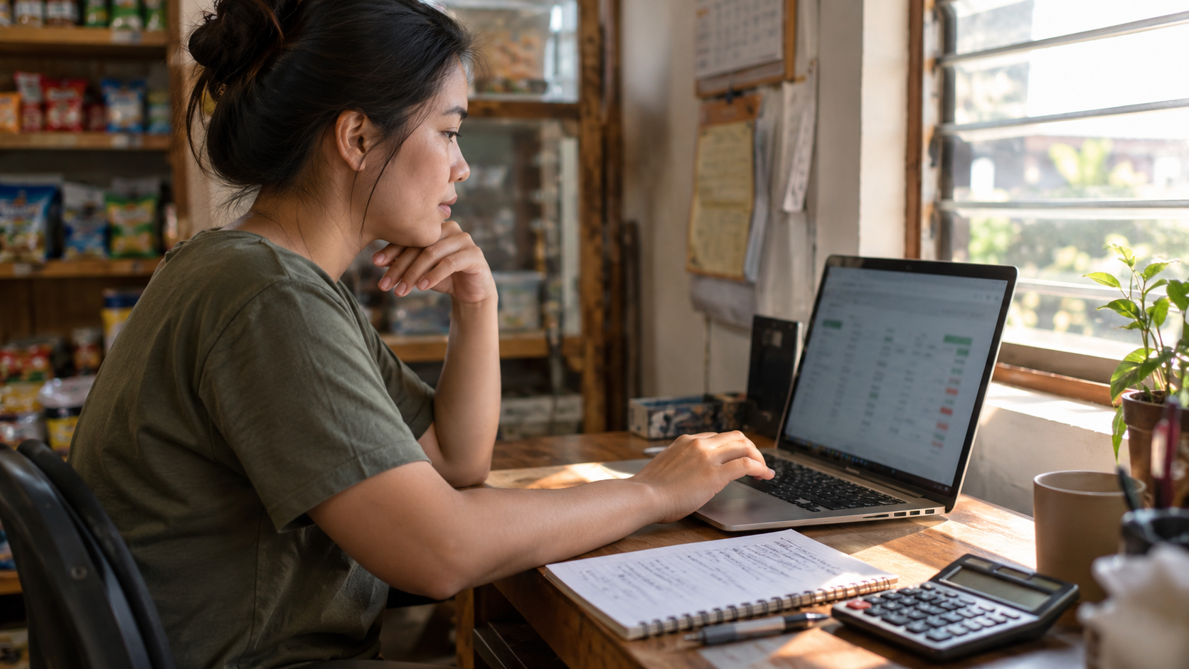 Filipino small business owner checking cash flow and business numbers on a laptop as a weekly habit instead of a monthly routine